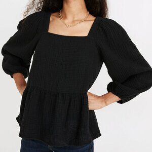 Madewell Black Gauze Lightspun Millbrook Puff Sleeve Peplum Top Square Neck